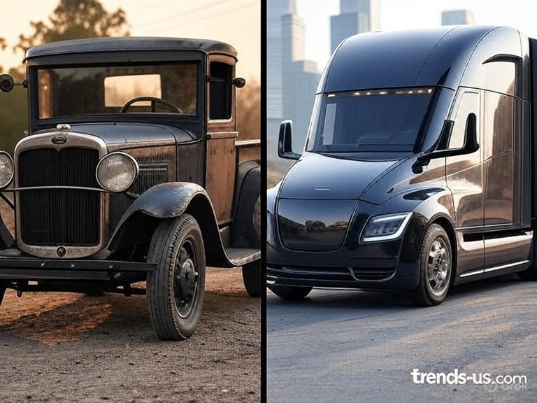 A split image showing the evolution of trucks, with a vintage truck on the left symbolizing hardworking utility and a sleek, modern truck on the right showcasing technological advancements and design innovation