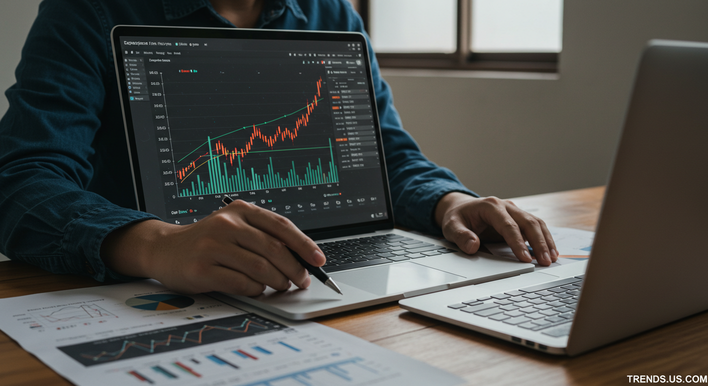 Investor analyzing their portfolio and financial data in a modern office, with a focus on charts and graphs showing Fed rate cut expectations in 2025. Watermark 'trends-us.com' included in the bottom-right corner.